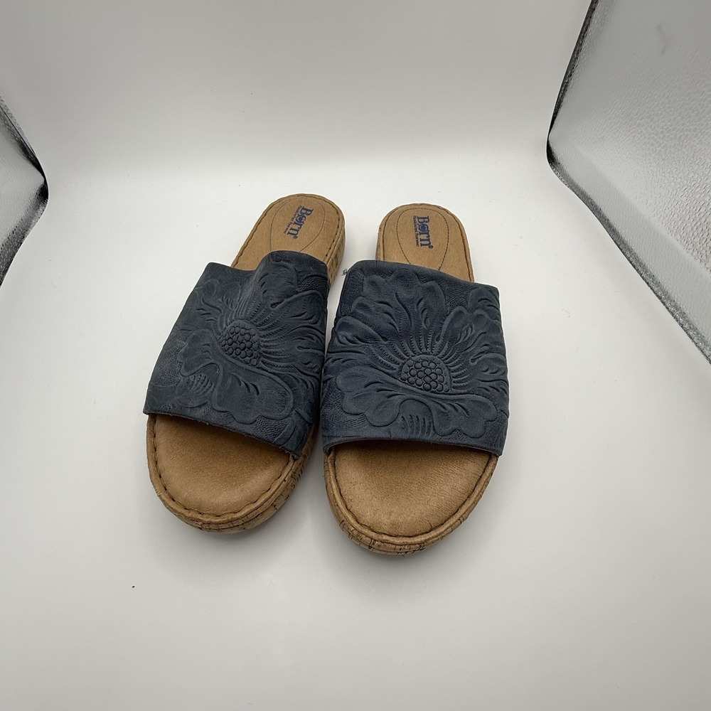 Born Fishlake Women's Blue Embossed Leather Slide Sandals Cork Wedge Sz 38 (9)